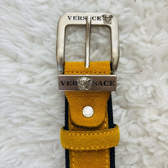 Versace Vtg Yellow Suede Vera Pelle Genuine Leather Belt with Silver Buckle 36 - Picture 3 of 16